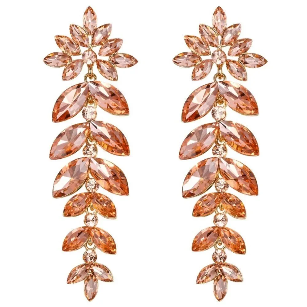 Yellow Gold with Champagne Topaz Austrian Crystal Leaf Chandelier Post Earrings